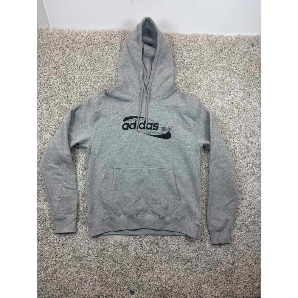 Adidas Originals Hoodie Mens M Gray Black Graphic Logo Pullover Sweatshirt Fleec